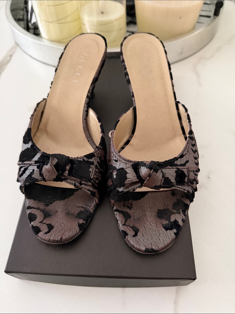 Gucci Black and Gray Patterned Open-Toe Mule Slides